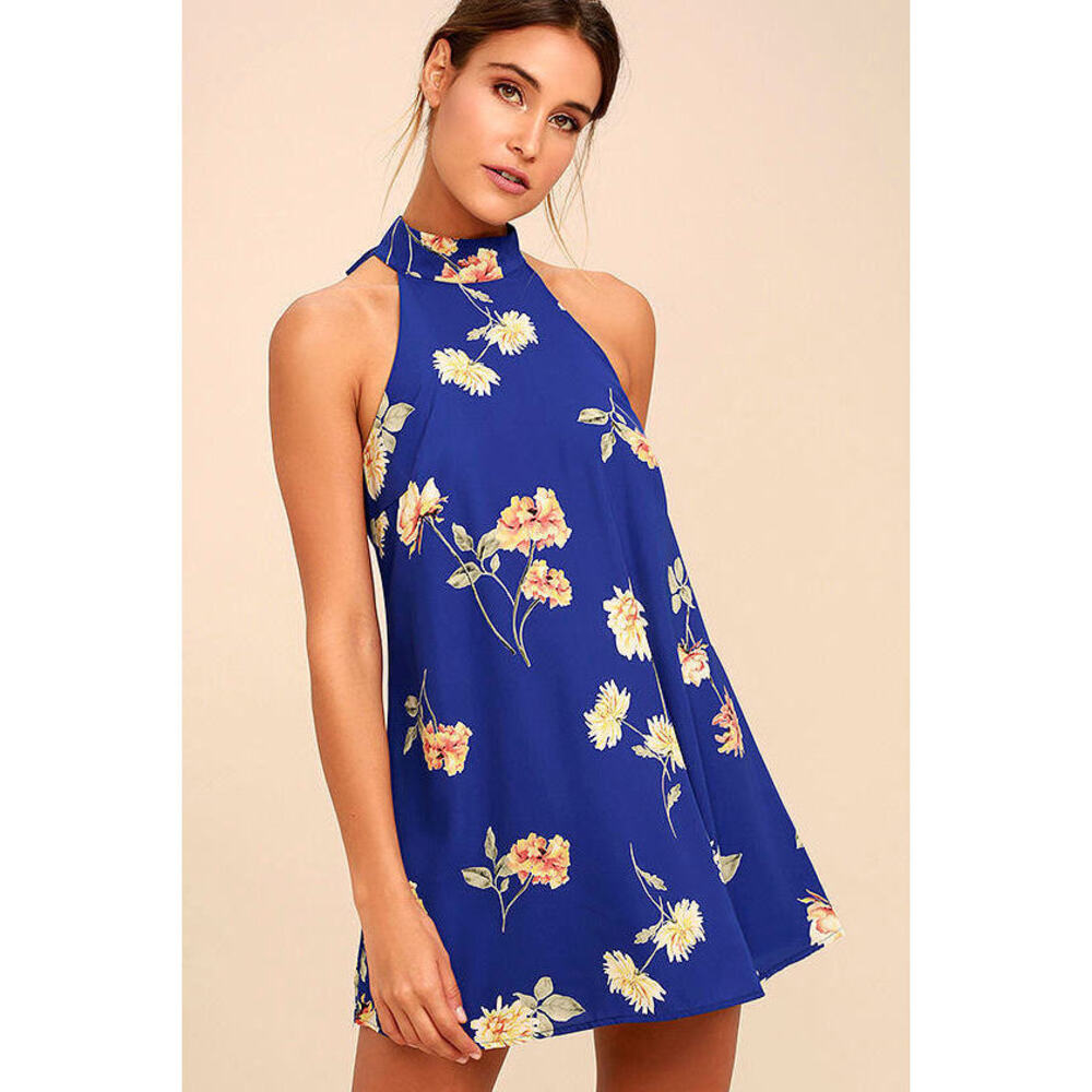 Lulus Darling Dearest Royal Blue Floral Print Swing Dress - Size Large